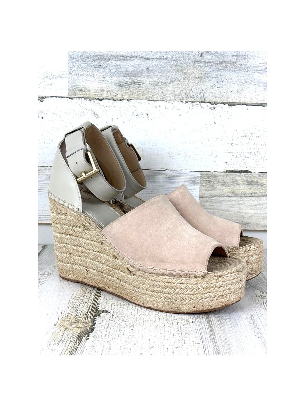 Marc Fisher Womens 9 Taupe White Adalyn Espadrille Wedge Sandals Buckle Leather
